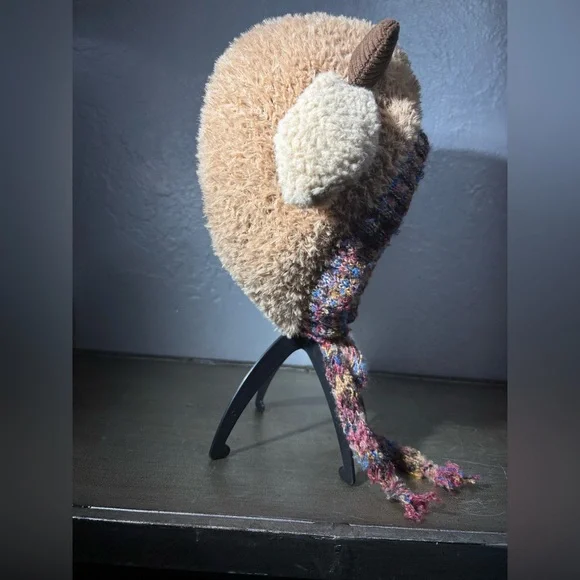 Cozy Light Brown and Blue Horned Sheep Themed Knit Hat and the Ears Squeek - Picture 3 of 11